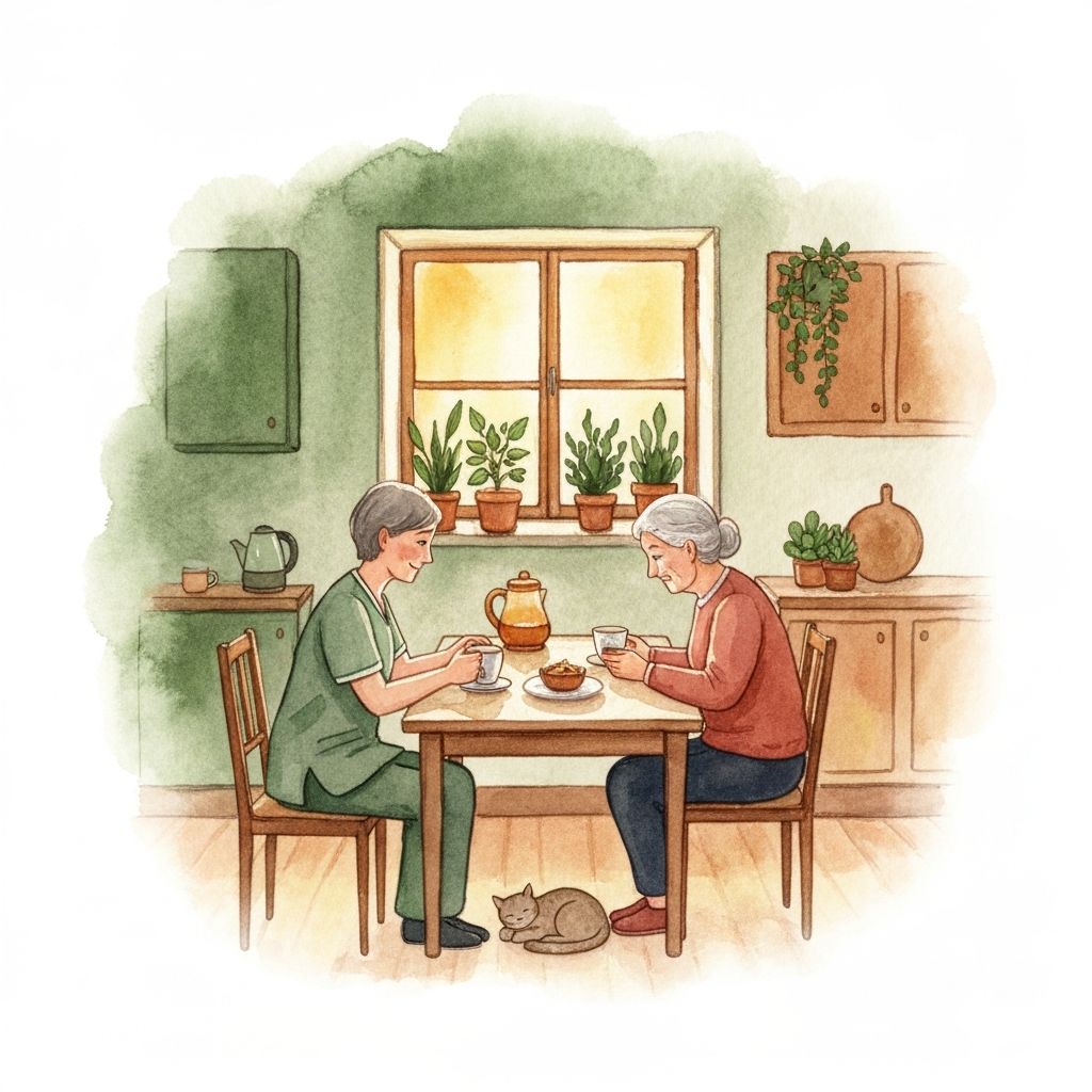 A caregiver and elderly person sharing a warm moment together over tea