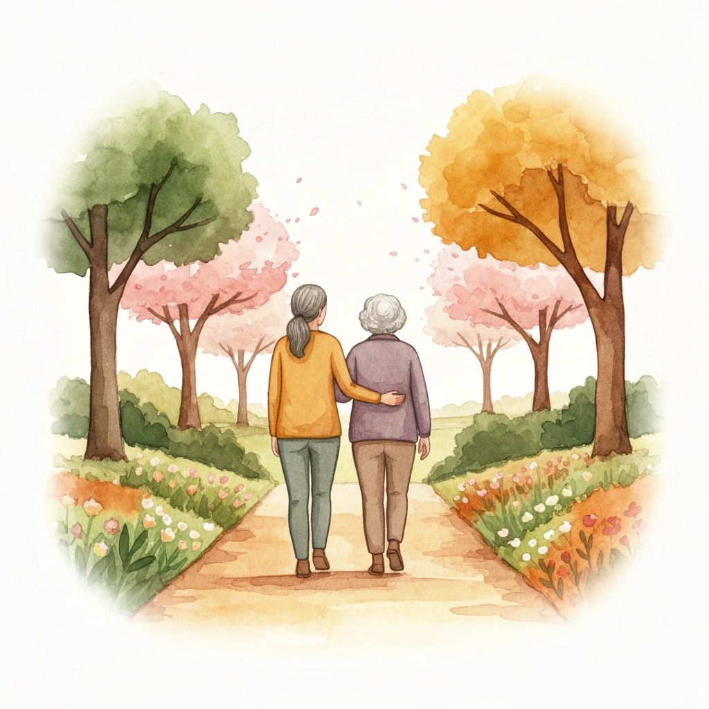 A family walking together through a garden with cherry blossom trees