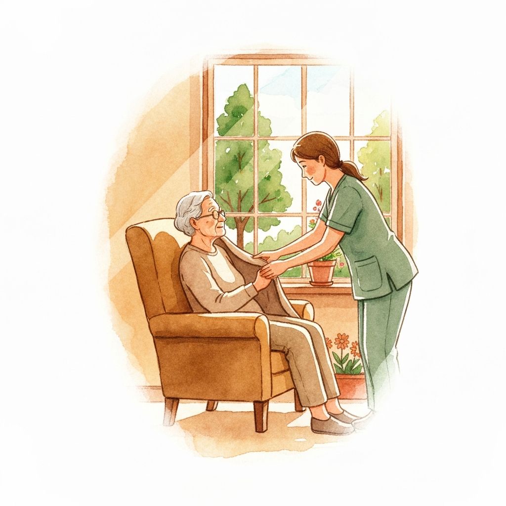 A caregiver gently caring for an elderly person in a warm, sunlit home